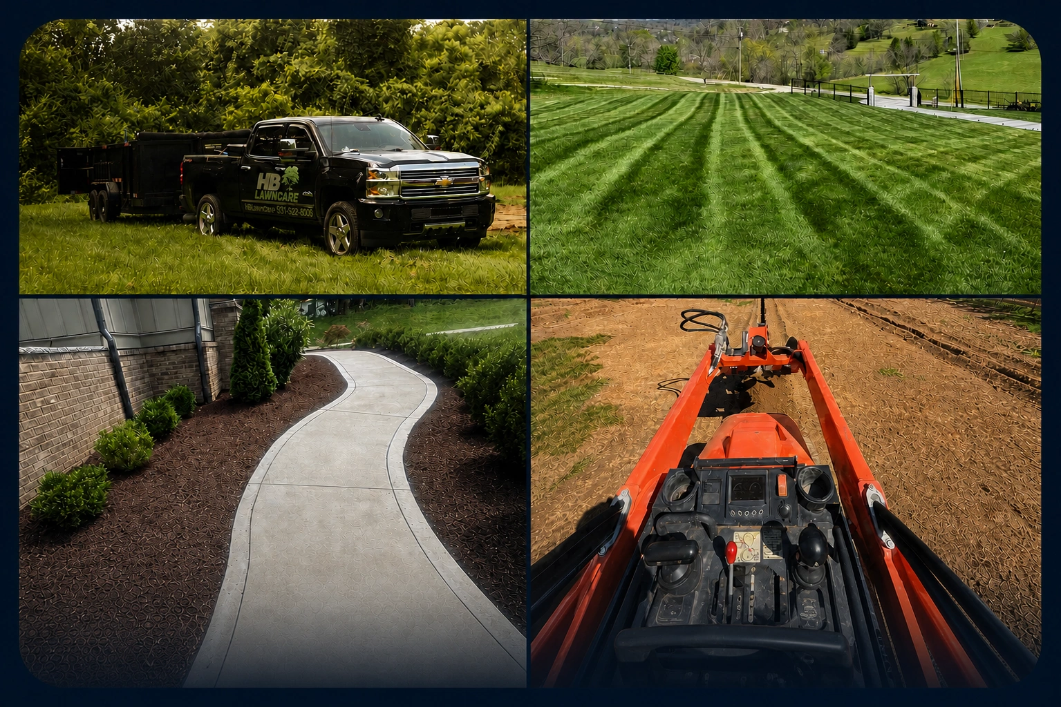 HB Lawncare truck, striped lawn, landscaped walkway, and tractor working soil across Middle Tennessee