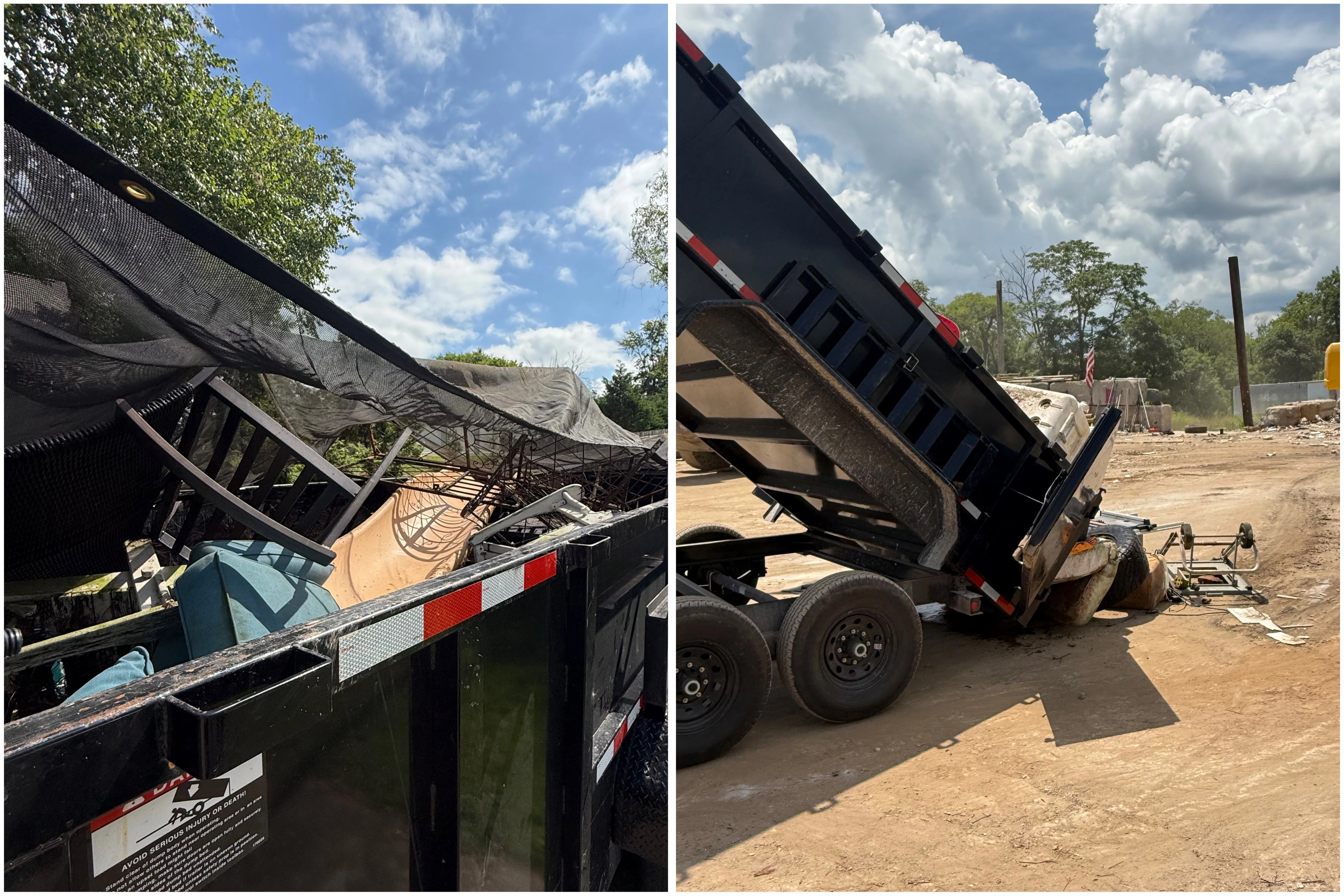 Junk removal service by HB Lawncare showing a trailer loaded with old furniture and appliances hauled away