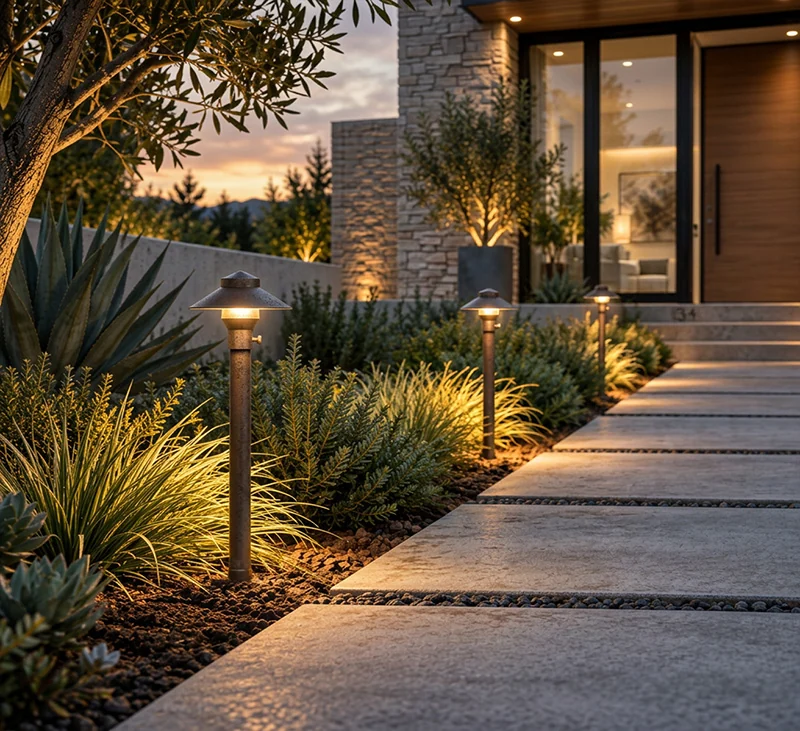 Warm path lights and tree uplighting beside a landscaped walkway at dusk
